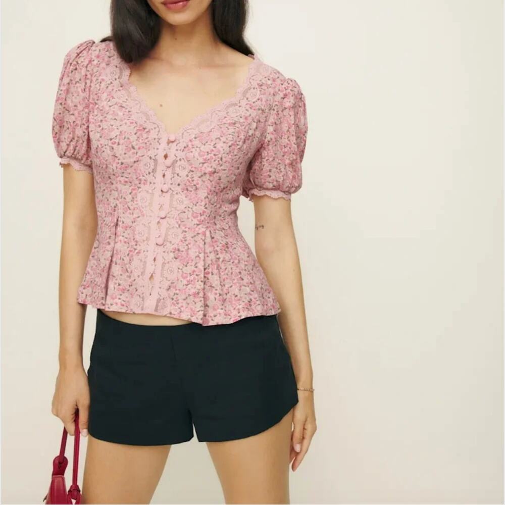 NWT Reformation Pink Puff Sleeve Floral Minette Top size 20